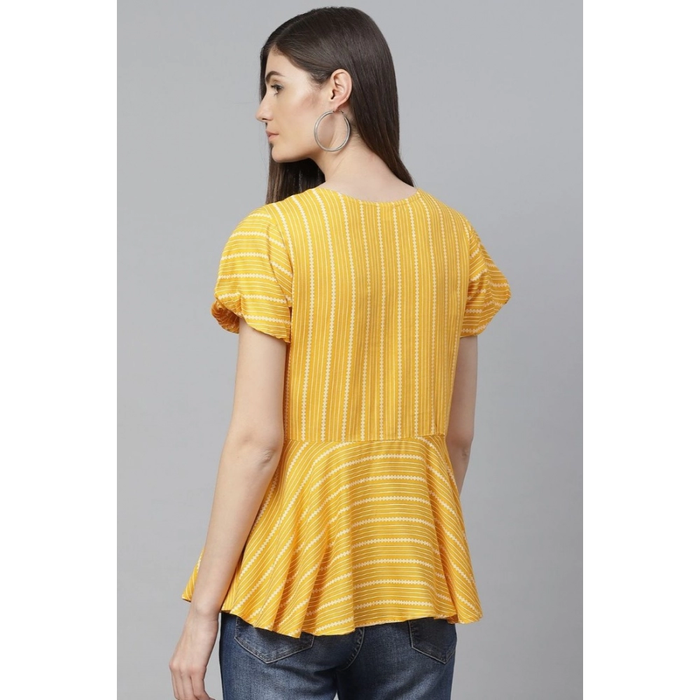 Women's Casual Short Sleeves Stripe Printed Rayon Top (Mustard) - Image 5
