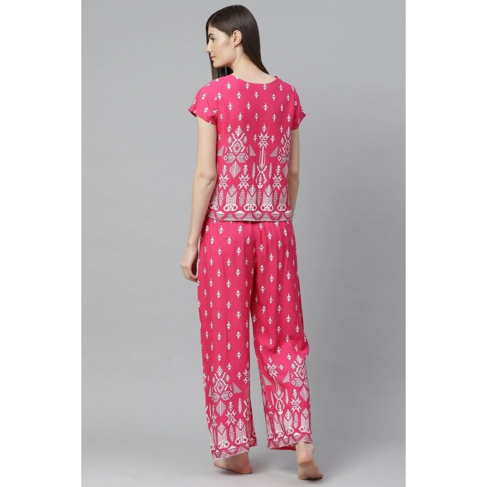 Women's Casual Short Sleeve Printed Rayon Pajama Set (Pink) - Image 5