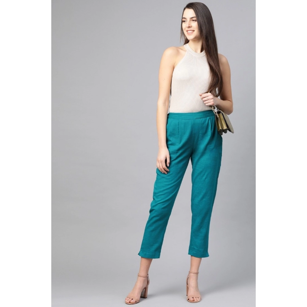 Women's Casual Solid Cotton Slub Trouser Pant (Rama Blue) - Image 4