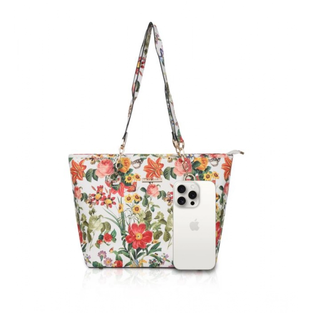 Women's Faux Leather Printed Tote Bag (White Orang) - Image 5