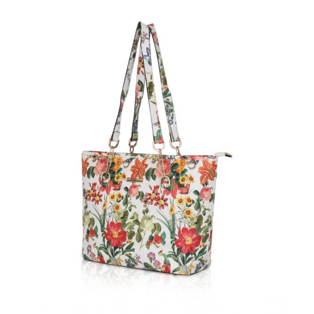 Women's Faux Leather Printed Tote Bag (White Orang) - Image 2
