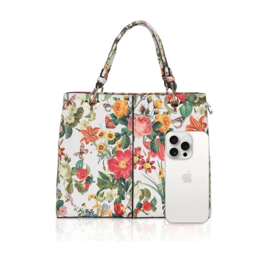 Women's Faux Leather Printed Handheld Bag (White Orang) - Image 5