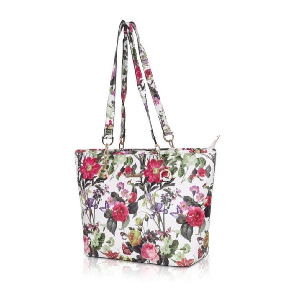 Women's Faux Leather Printed Tote Bag (White Pink) - Image 3