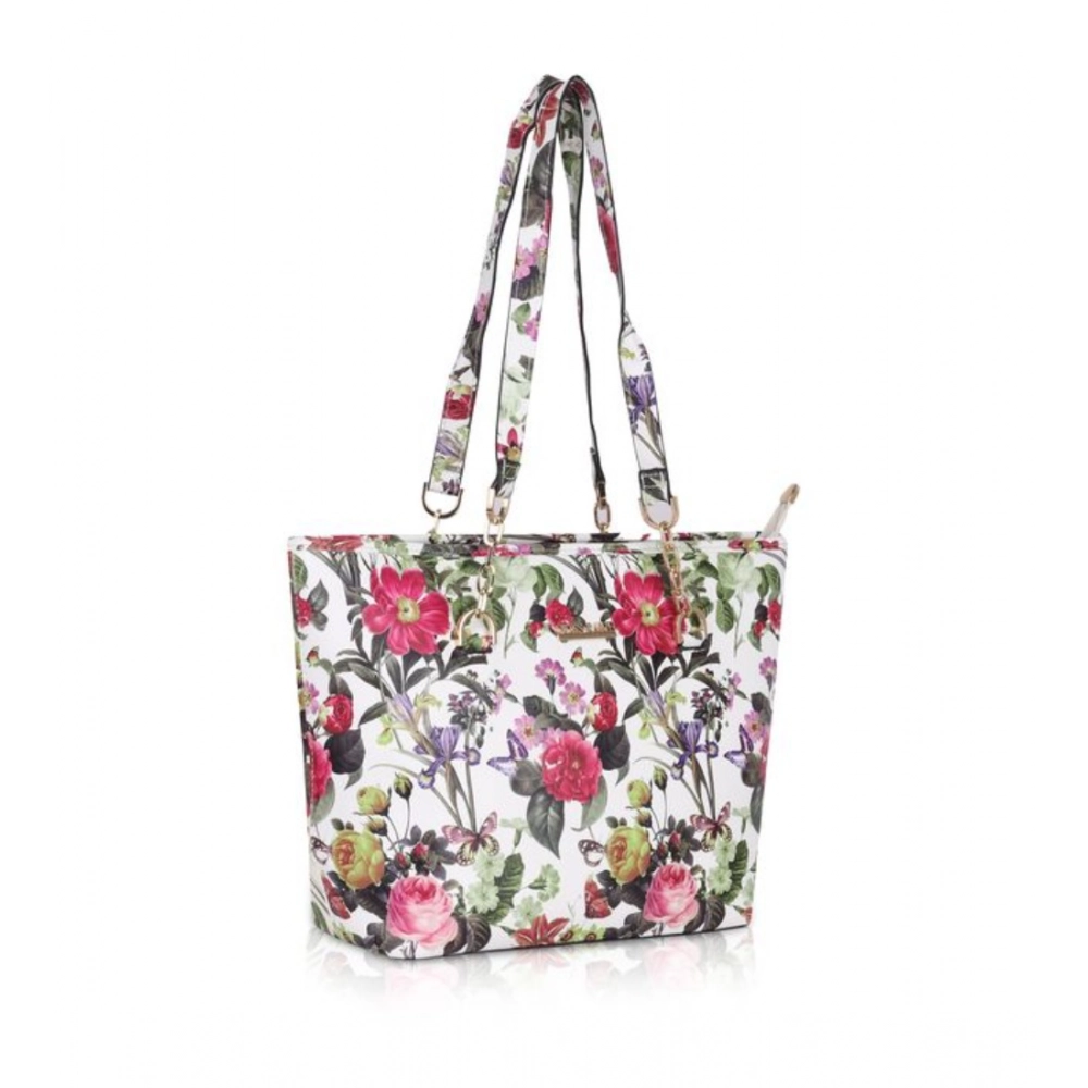 Women's Faux Leather Printed Tote Bag (White Pink) - Image 4
