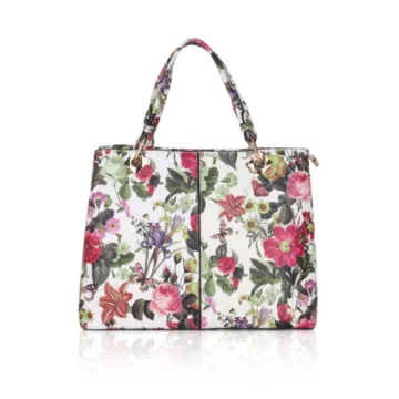 Women's Faux Leather Printed Handheld Bag (White Pink)