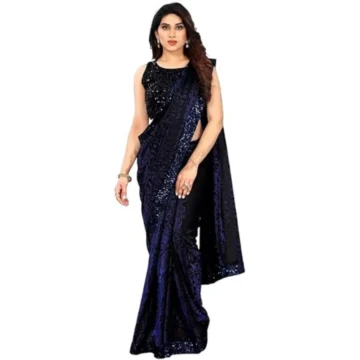 Women's Lycra Floral Saree With Unstitched Blouse (Blue, 5.5 Mtr)