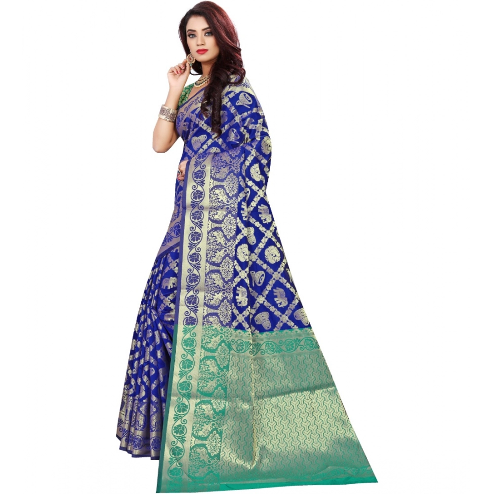 Women's Jacquard Woven Saree With Unstitched Blouse 5.5Mtr (Blue) - Image 3