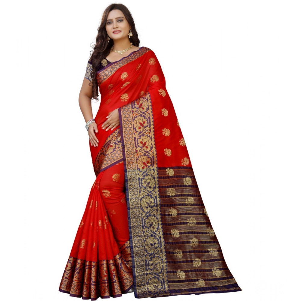 Women's Silk Blend Woven Saree With Unstitched Blouse 5.5Mtr (Purple-Red)