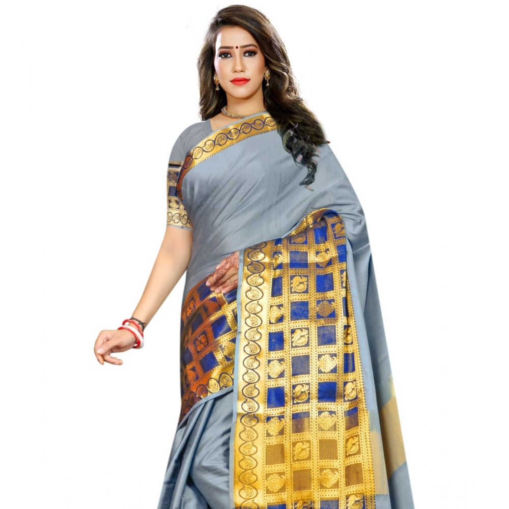 Women's Jacquard Woven Saree With Unstitched Blouse 5.5Mtr (Light Blue) - Image 4