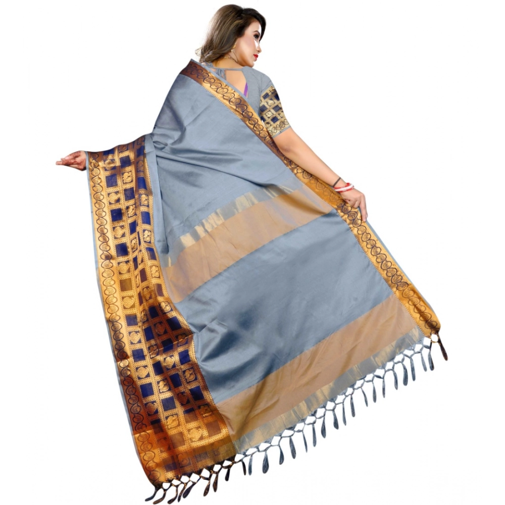 Women's Jacquard Woven Saree With Unstitched Blouse 5.5Mtr (Light Blue) - Image 2