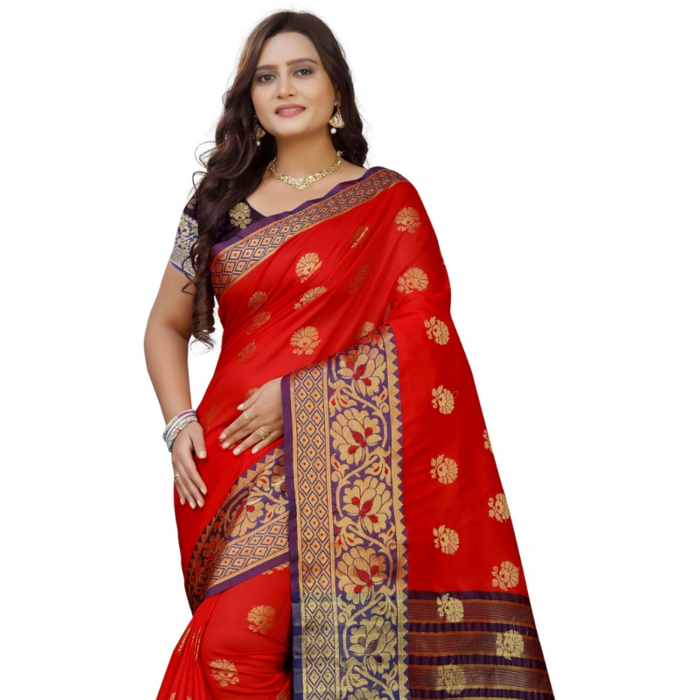 Women's Silk Blend Woven Saree With Unstitched Blouse 5.5Mtr (Purple-Red) - Image 4