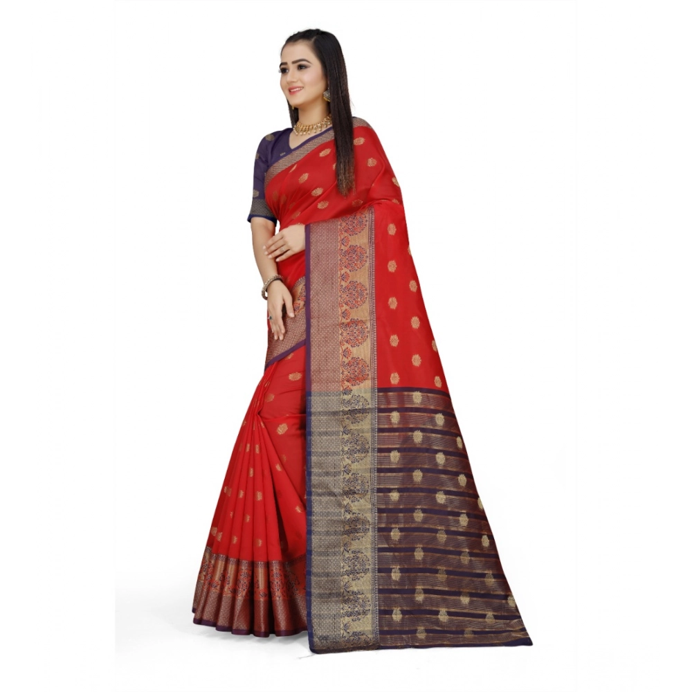 Women's Jacquard Woven Saree With Unstitched Blouse 5.5Mtr (Red) - Image 4