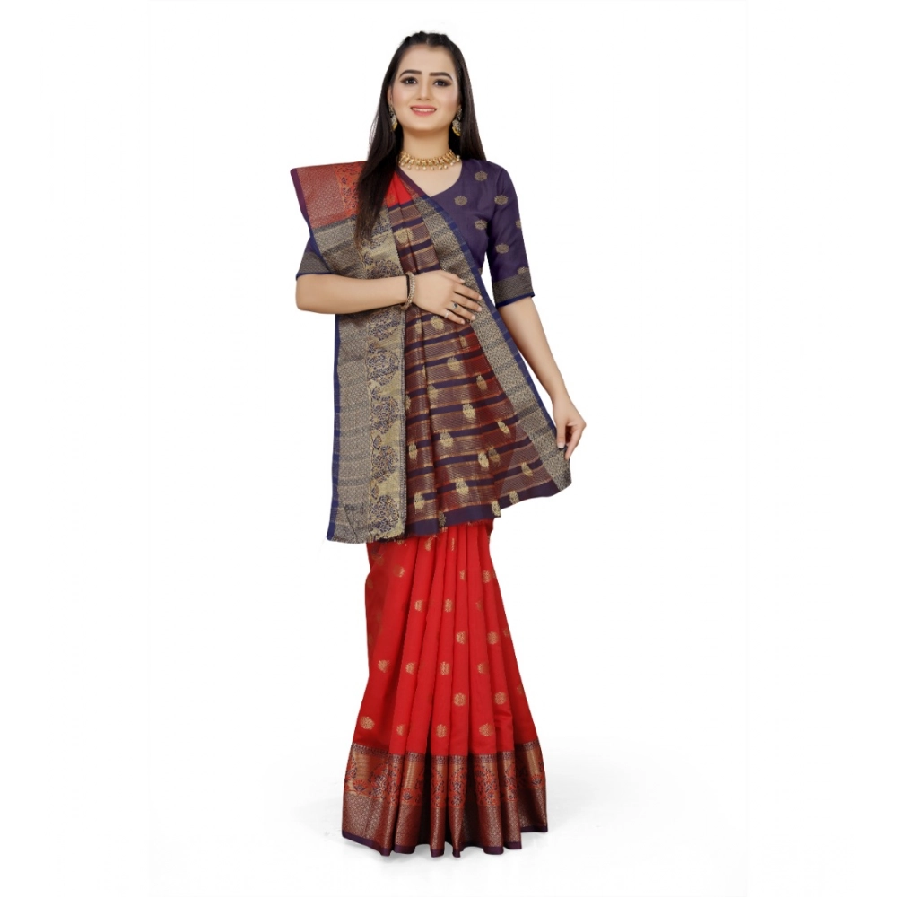 Women's Jacquard Woven Saree With Unstitched Blouse 5.5Mtr (Red) - Image 2
