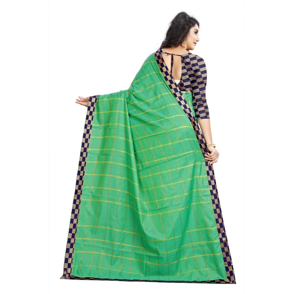 Women's Cotton Silk Checkered Saree With Unstitched Blouse 5.5Mtr (Green) - Image 2