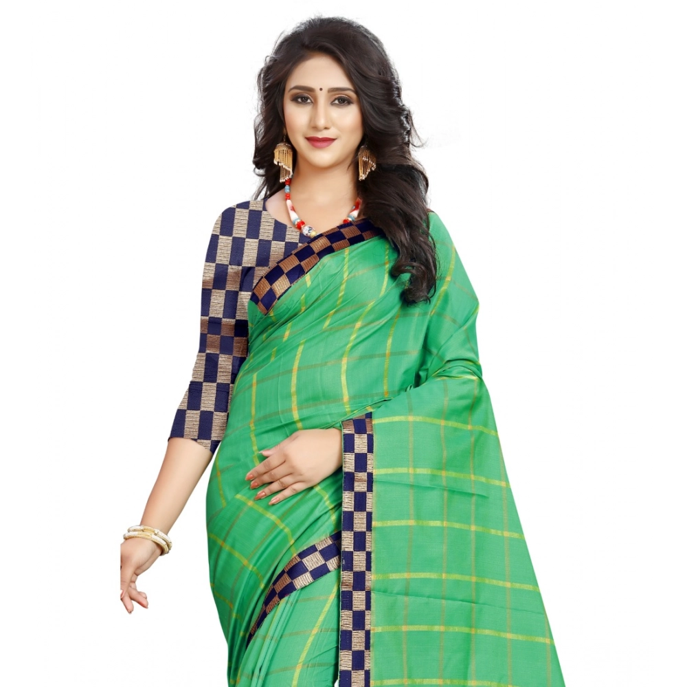Women's Cotton Silk Checkered Saree With Unstitched Blouse 5.5Mtr (Green) - Image 4