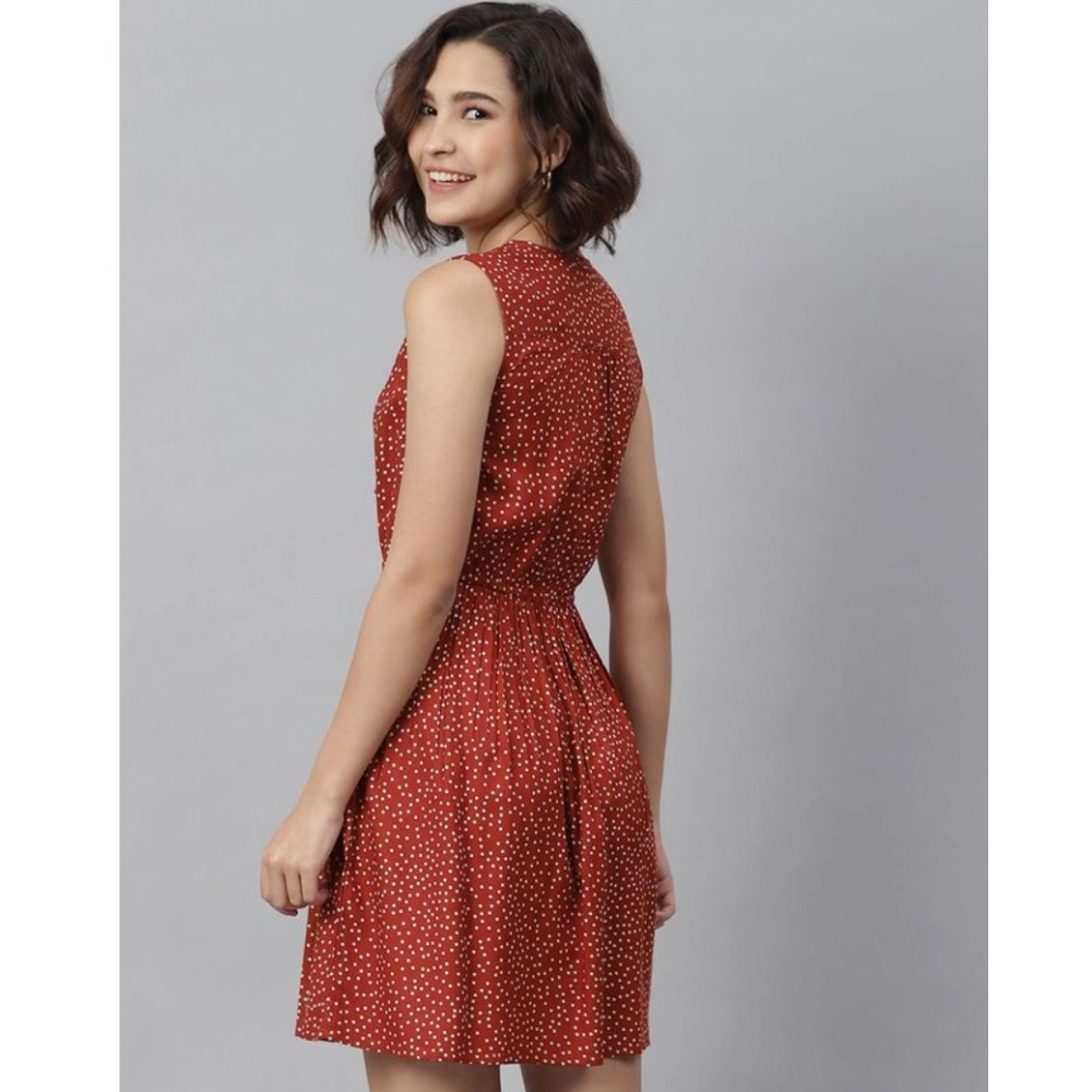 Women's Rayon Polka Sleeveless Above Knee Dress (Rust) - Image 2