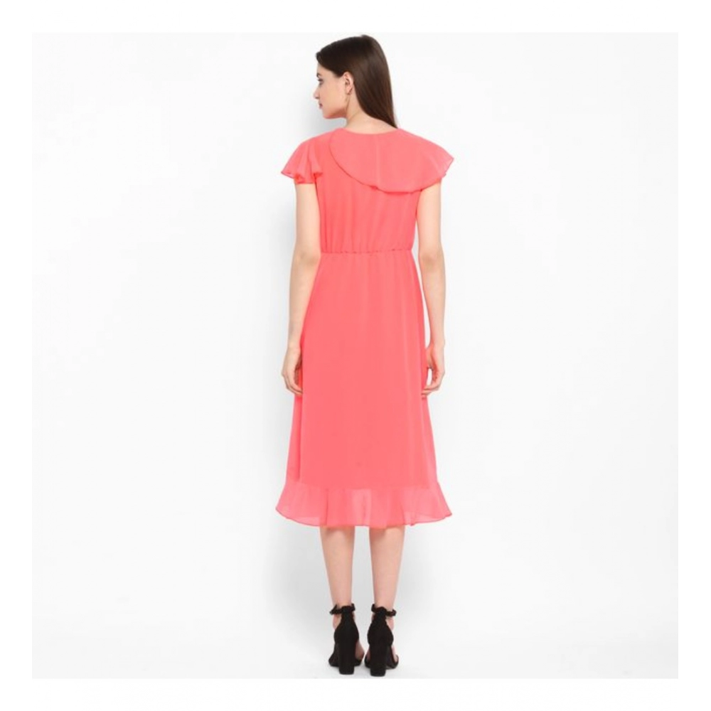Women's Polyester Ruffled Cap Sleeve Below Knee Dress (Coral Pink) - Image 2
