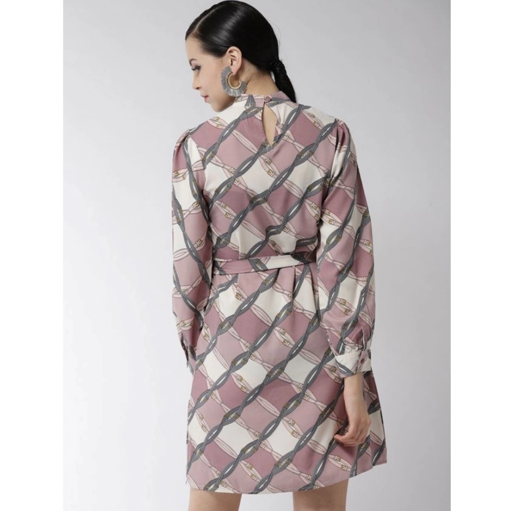Women's Polyester Checkered Long Sleeves Above Knee Dress (Off White - Lavender) - Image 2