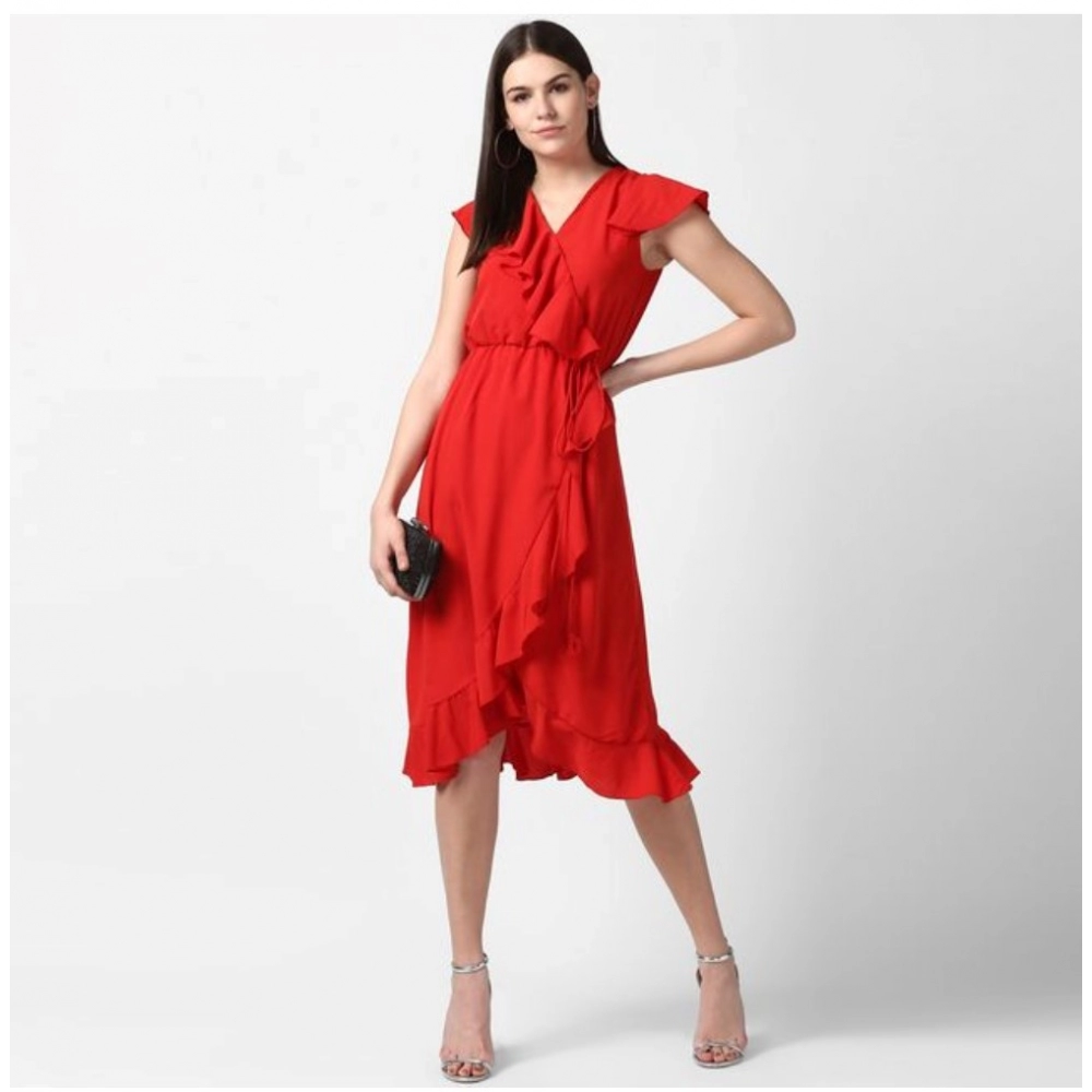 Women's Polyester Ruffled Cap Sleeve Knee-Length Dress (Red) - Image 3