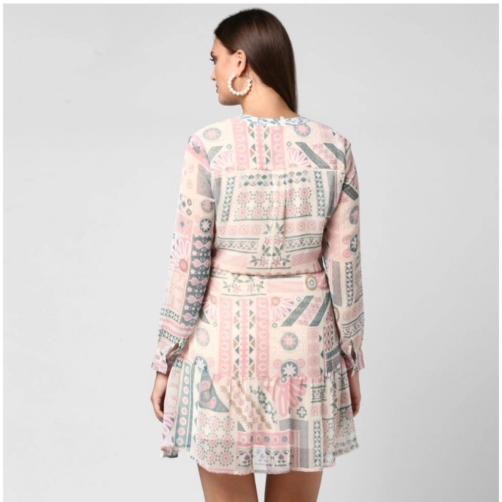 Women's Polyester Printed Long Sleeves Above Knee Dress (Light Pink - Off White) - Image 2