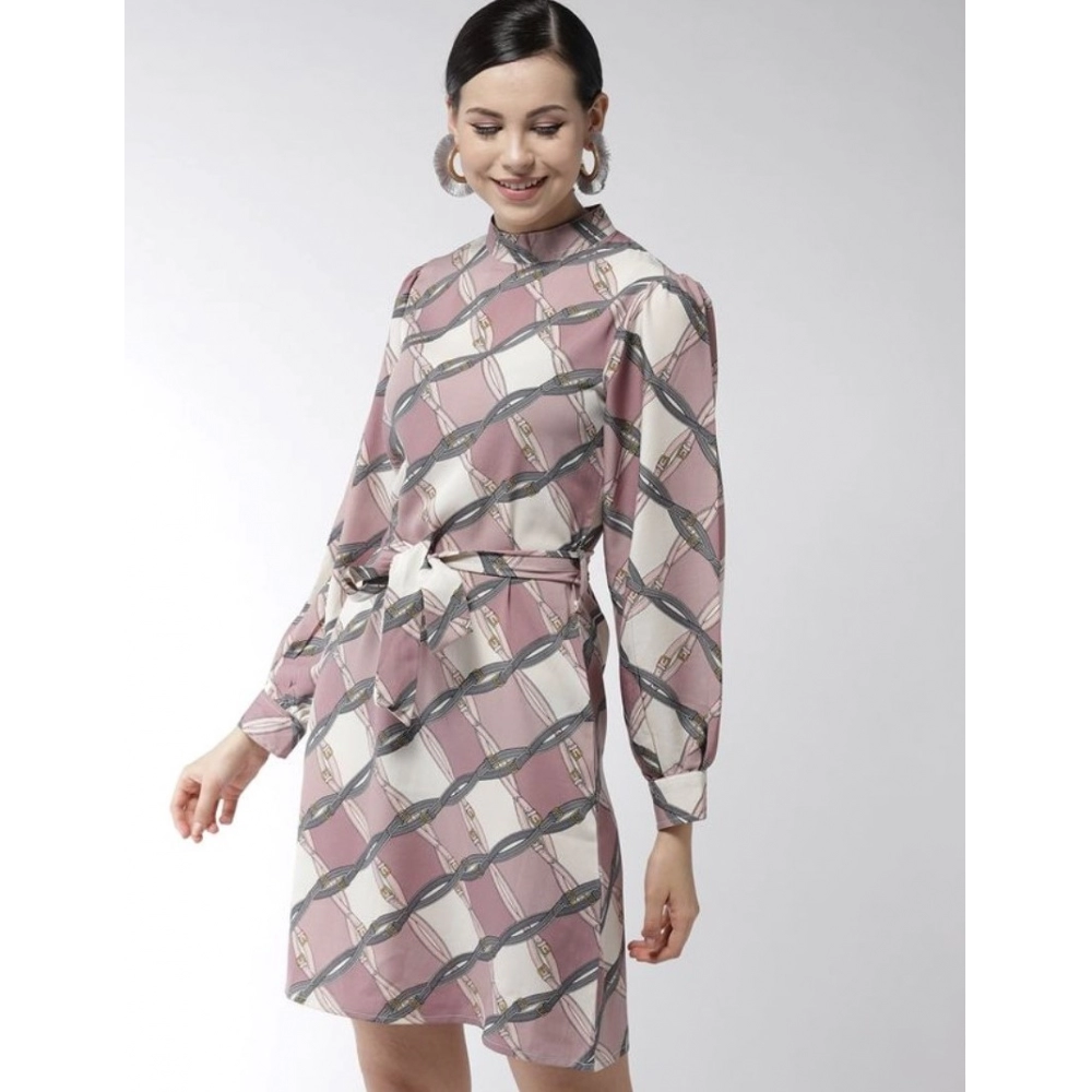 Women's Polyester Checkered Long Sleeves Above Knee Dress (Off White - Lavender) - Image 5