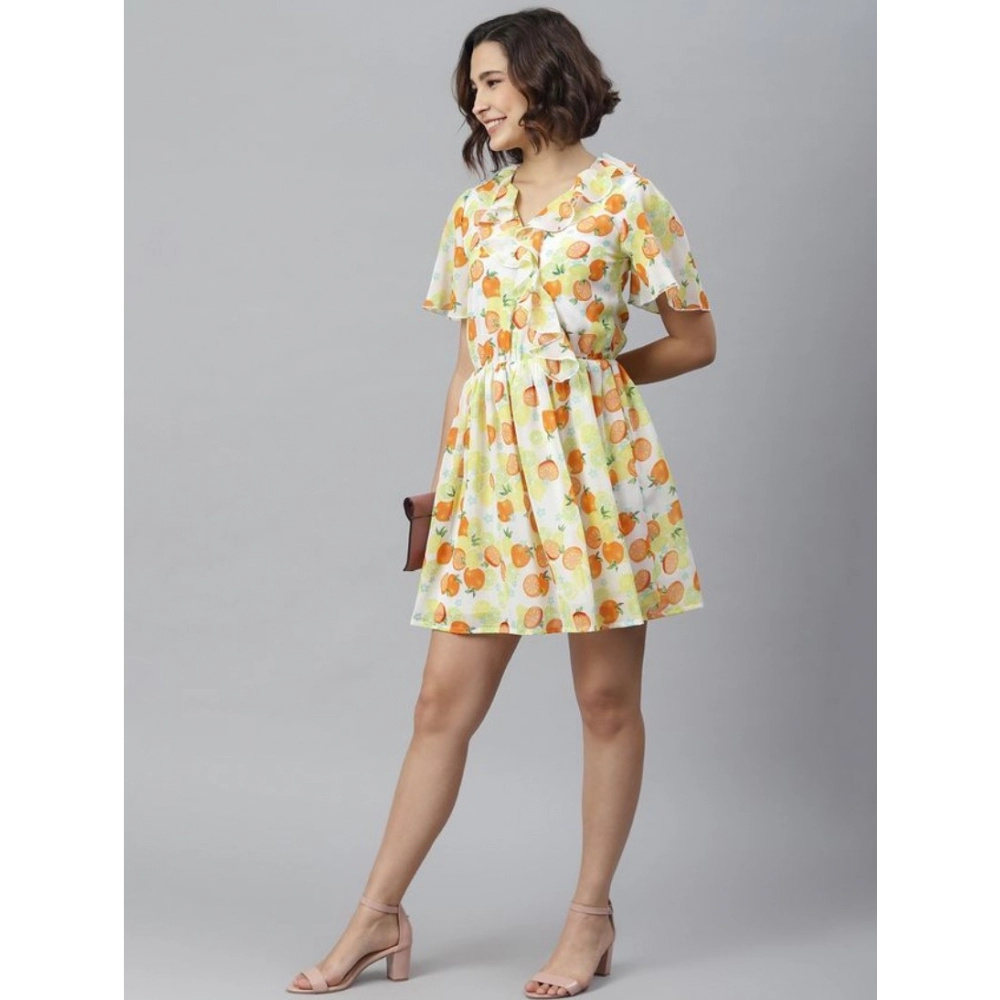 Women's Polyester Printed Flutter Above Knee Dress (Yellow - Orange) - Image 3