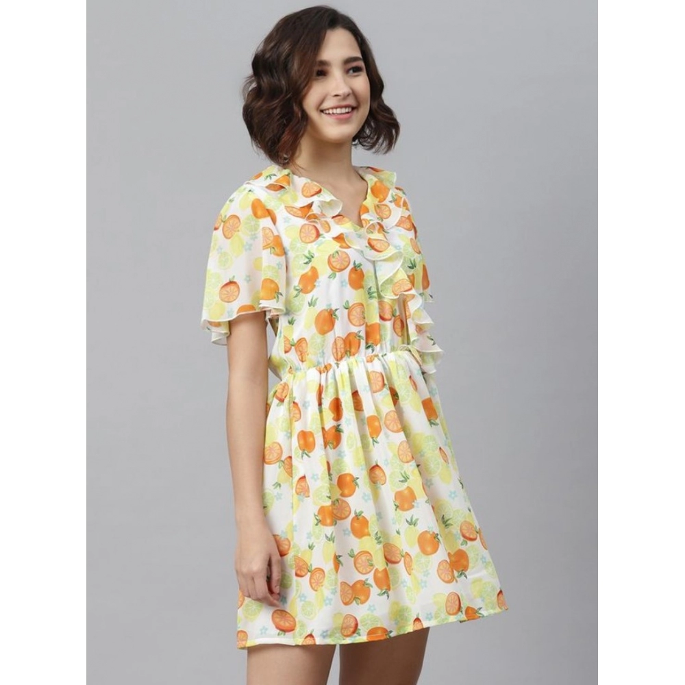 Women's Polyester Printed Flutter Above Knee Dress (Yellow - Orange) - Image 5