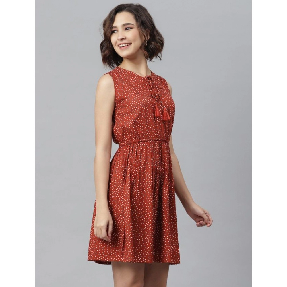 Women's Rayon Polka Sleeveless Above Knee Dress (Rust) - Image 5