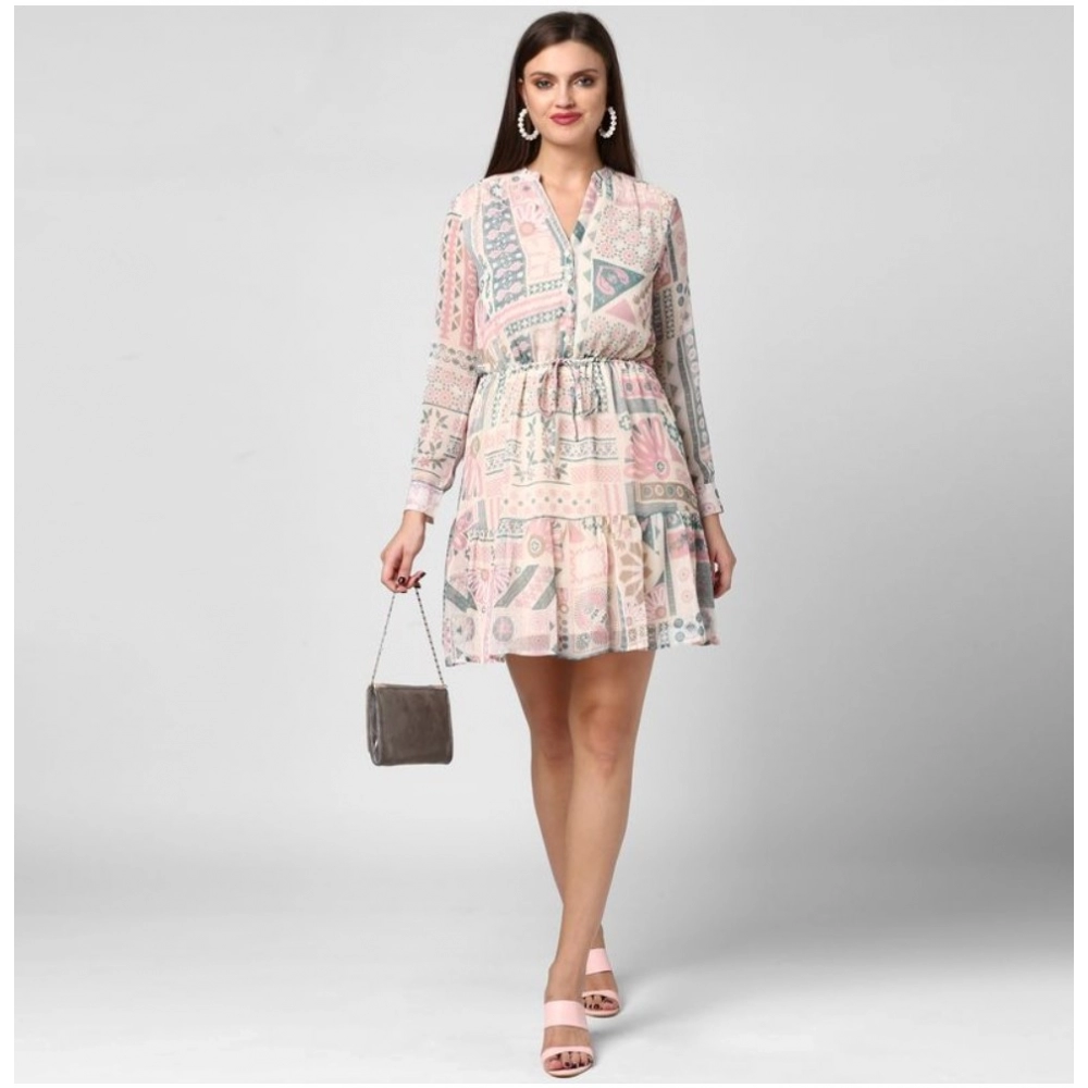 Women's Polyester Printed Long Sleeves Above Knee Dress (Light Pink - Off White) - Image 3