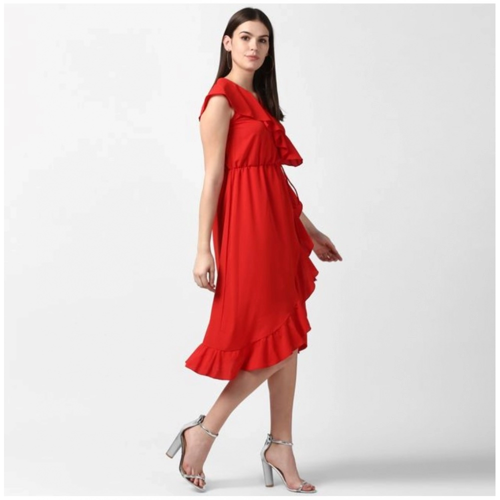 Women's Polyester Ruffled Cap Sleeve Knee-Length Dress (Red) - Image 5
