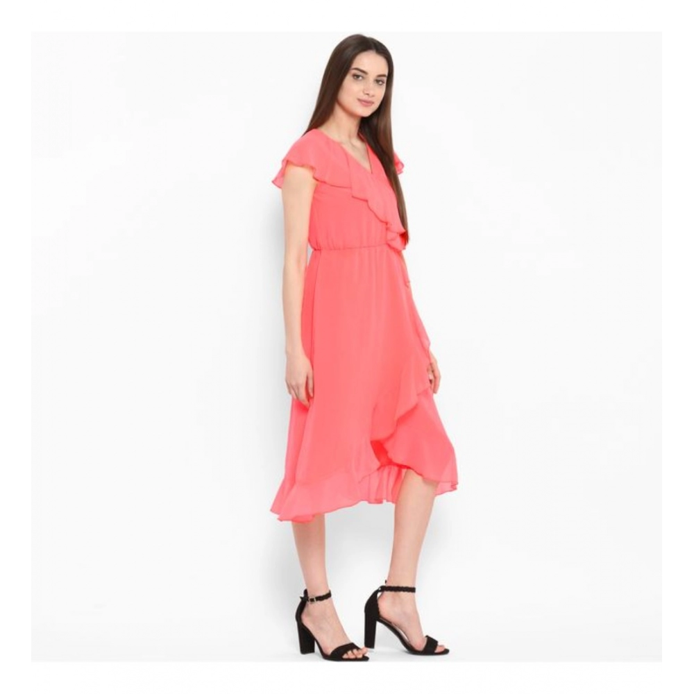 Women's Polyester Ruffled Cap Sleeve Below Knee Dress (Coral Pink) - Image 5