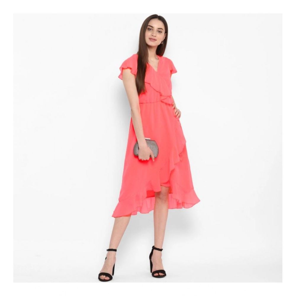 Women's Polyester Ruffled Cap Sleeve Below Knee Dress (Coral Pink) - Image 3