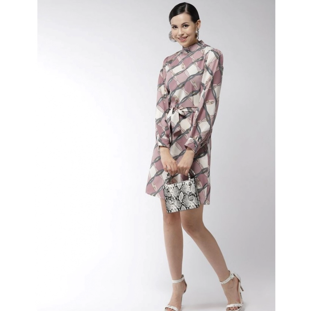Women's Polyester Checkered Long Sleeves Above Knee Dress (Off White - Lavender) - Image 3