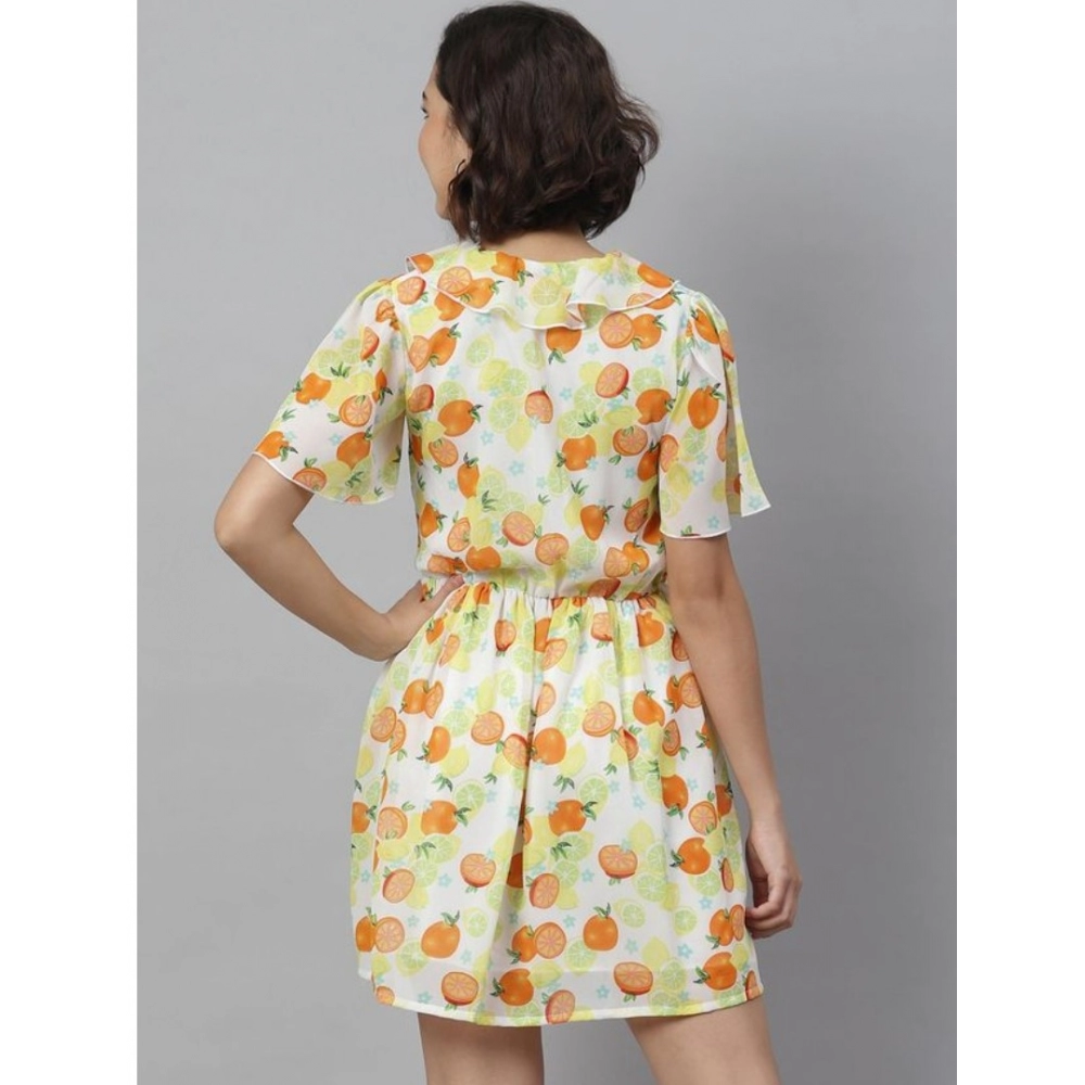 Women's Polyester Printed Flutter Above Knee Dress (Yellow - Orange) - Image 2