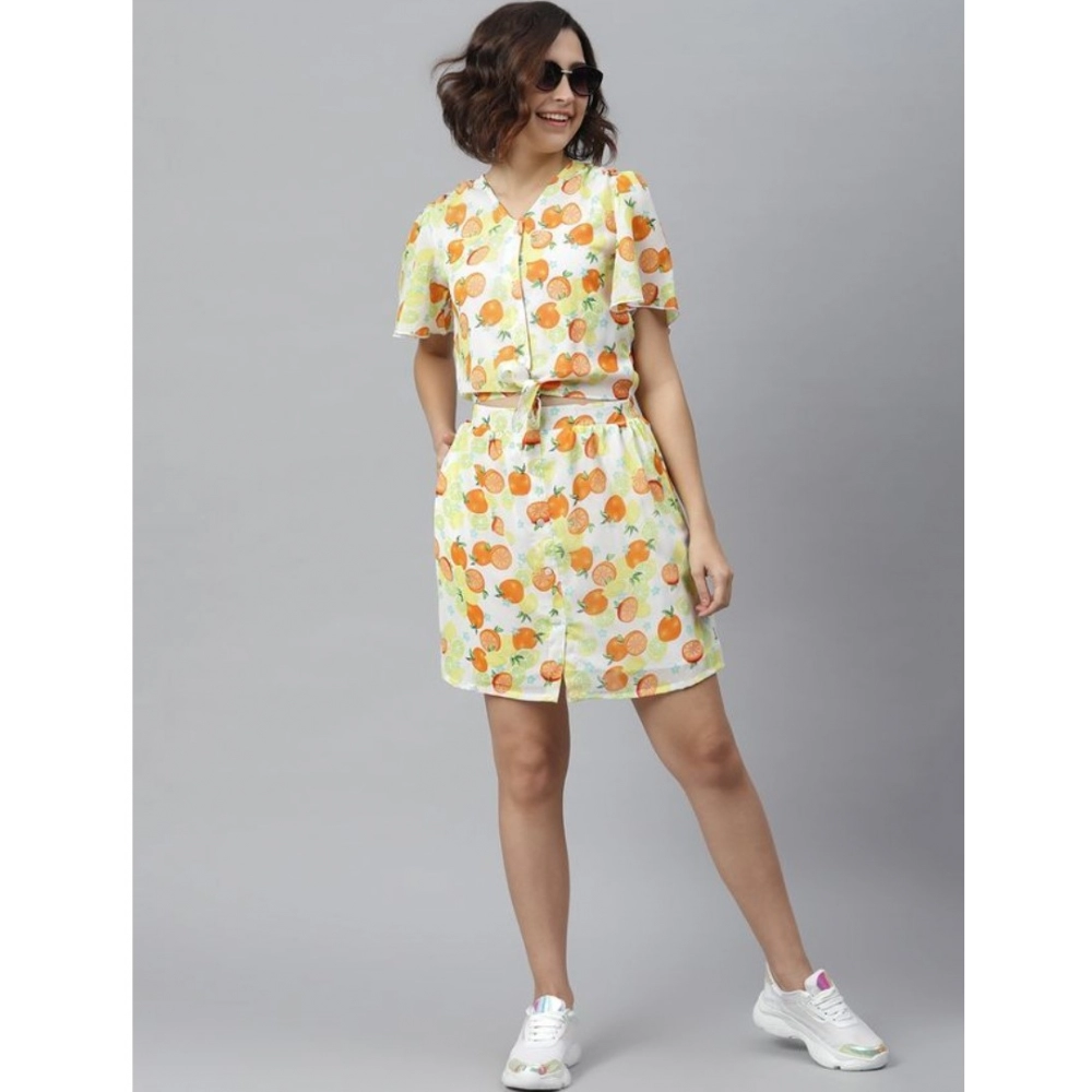 Women's Polyester Printed Flutter Above Knee Dress (Orange - Yellow) - Image 3