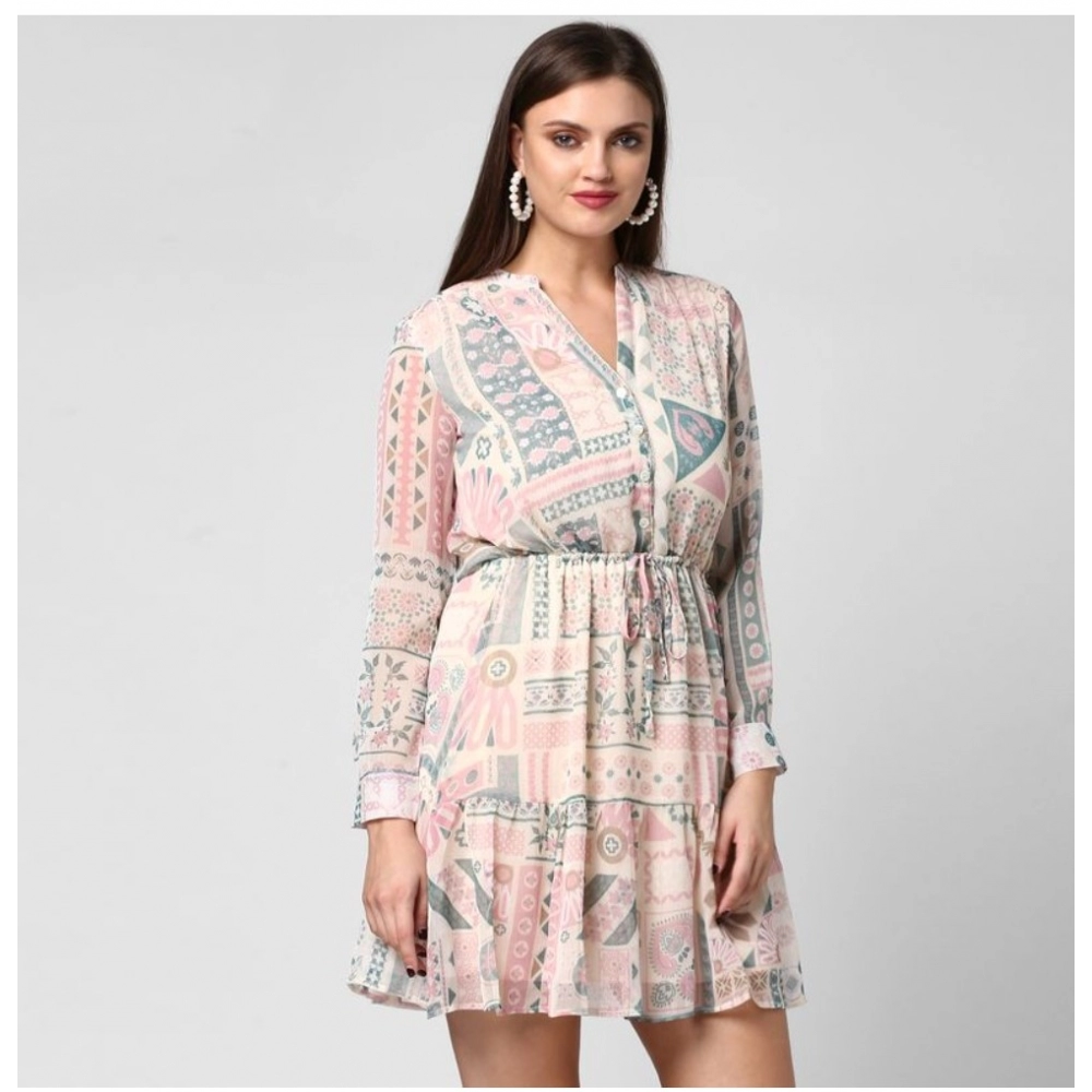 Women's Polyester Printed Long Sleeves Above Knee Dress (Light Pink - Off White) - Image 5