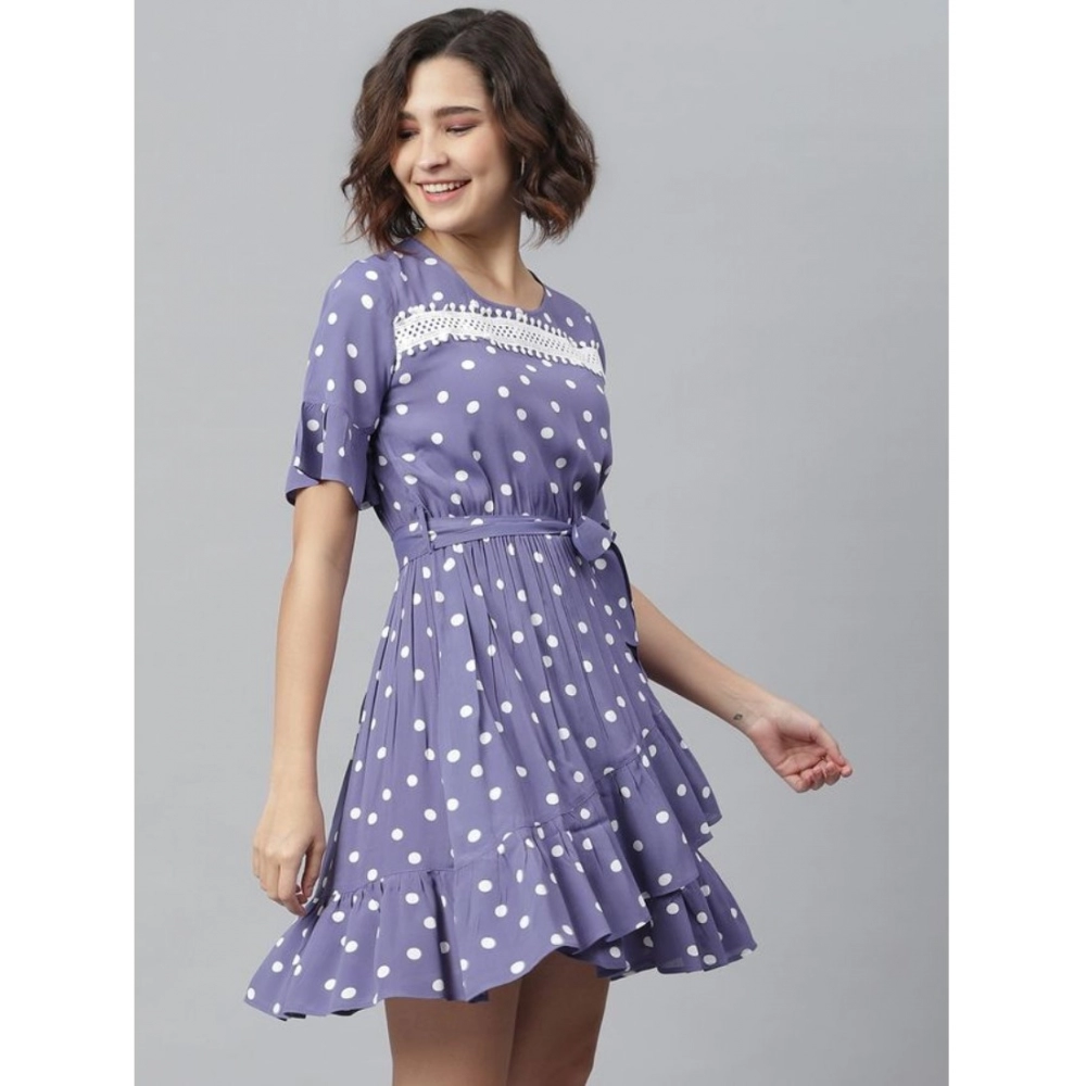 Women's Polyester Polka Bell Sleeve Above Knee Dress (Lavender) - Image 5