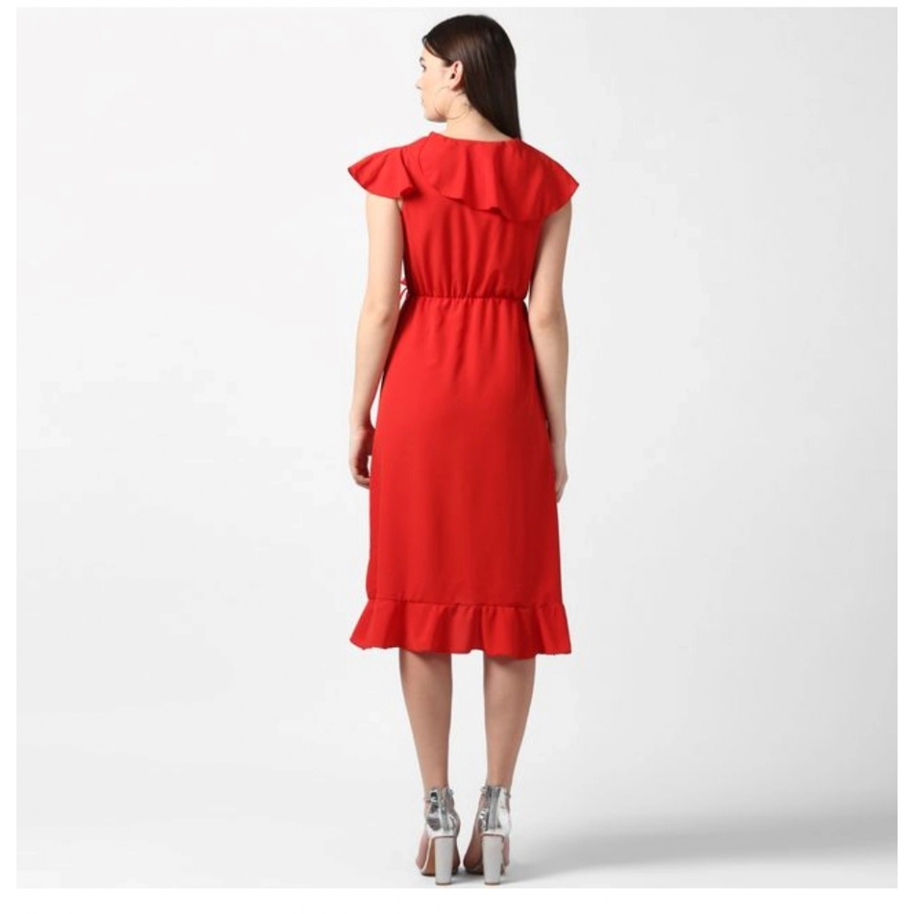 Women's Polyester Ruffled Cap Sleeve Knee-Length Dress (Red) - Image 2