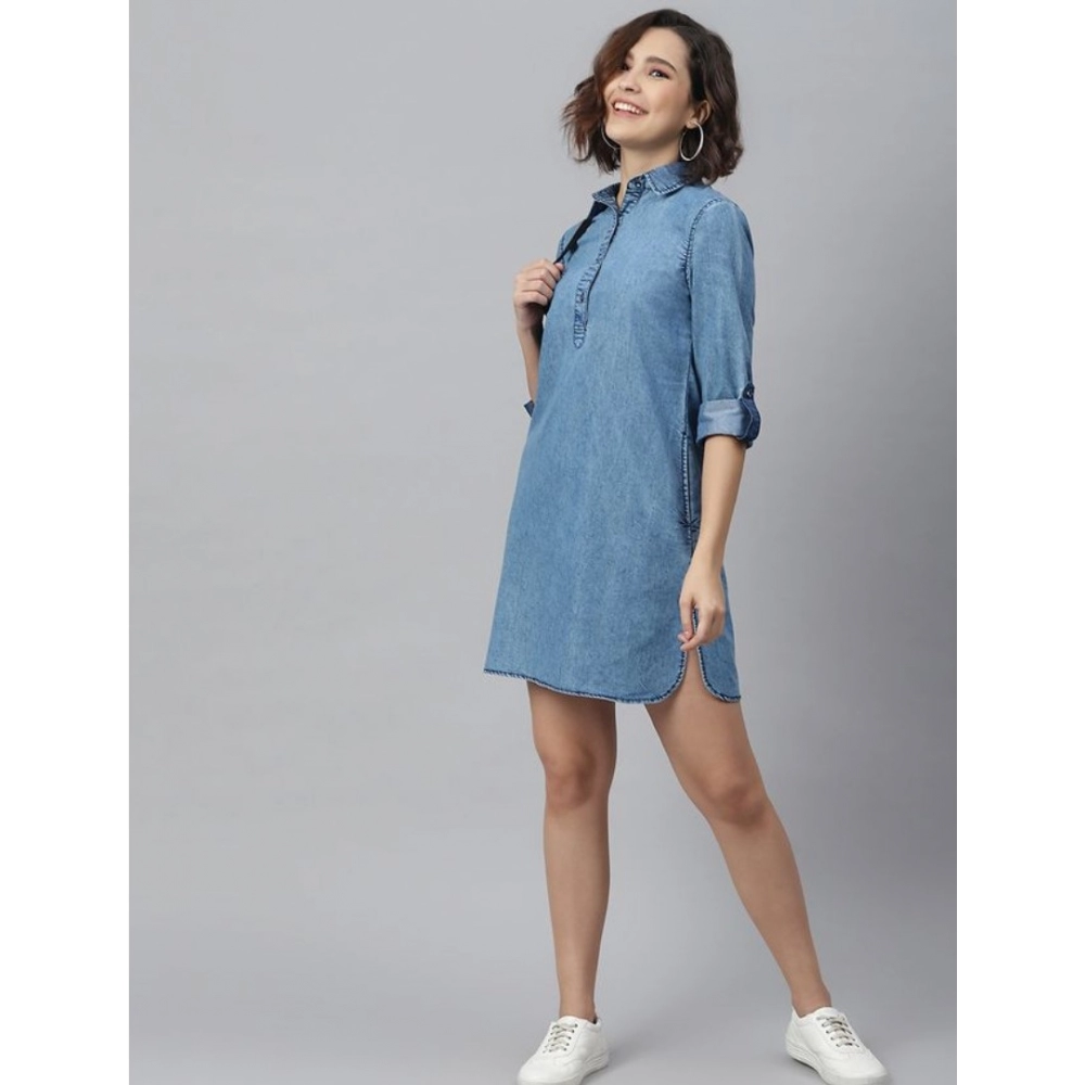 Women's Denim Solid Long Sleeves Above Knee Dress (Ice Blue) - Image 3
