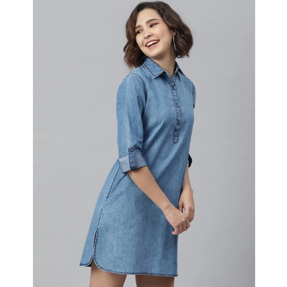 Women's Denim Solid Long Sleeves Above Knee Dress (Ice Blue) - Image 5