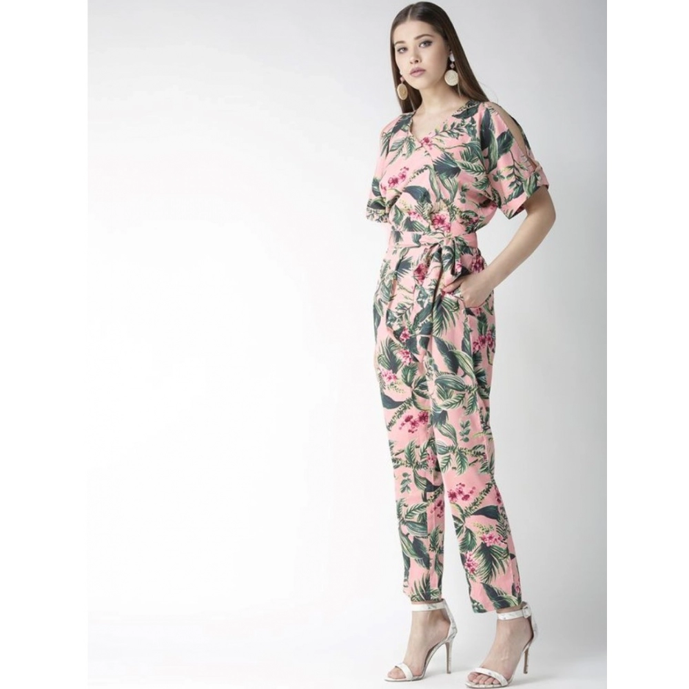 Women's Polyester Floral Half Sleeve Jumpsuit (Pink) - Image 5