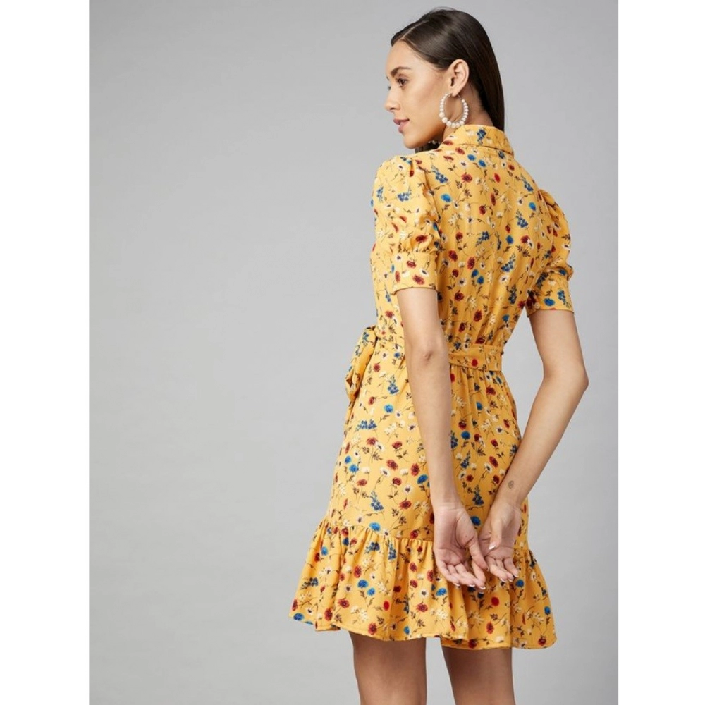 Women's Polyester Floral Short Sleeve Above Knee Dress (Yellow) - Image 2