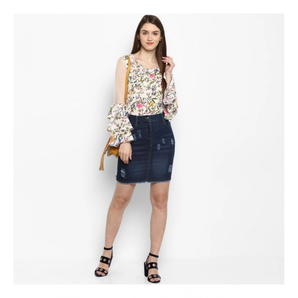 Women's Denim Distressed Buttoned Skirt (Blue) - Image 3