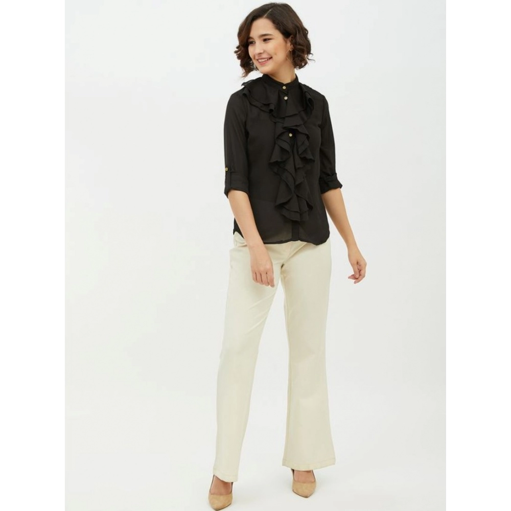 Women's Polyester Ruffled Long Sleeves Standard Length Shirt (Black) - Image 3