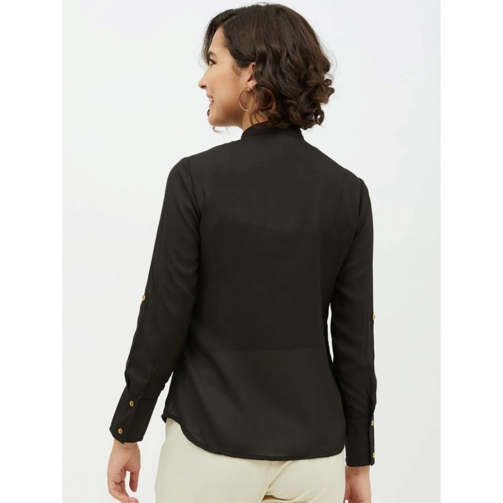 Women's Polyester Ruffled Long Sleeves Standard Length Shirt (Black) - Image 2