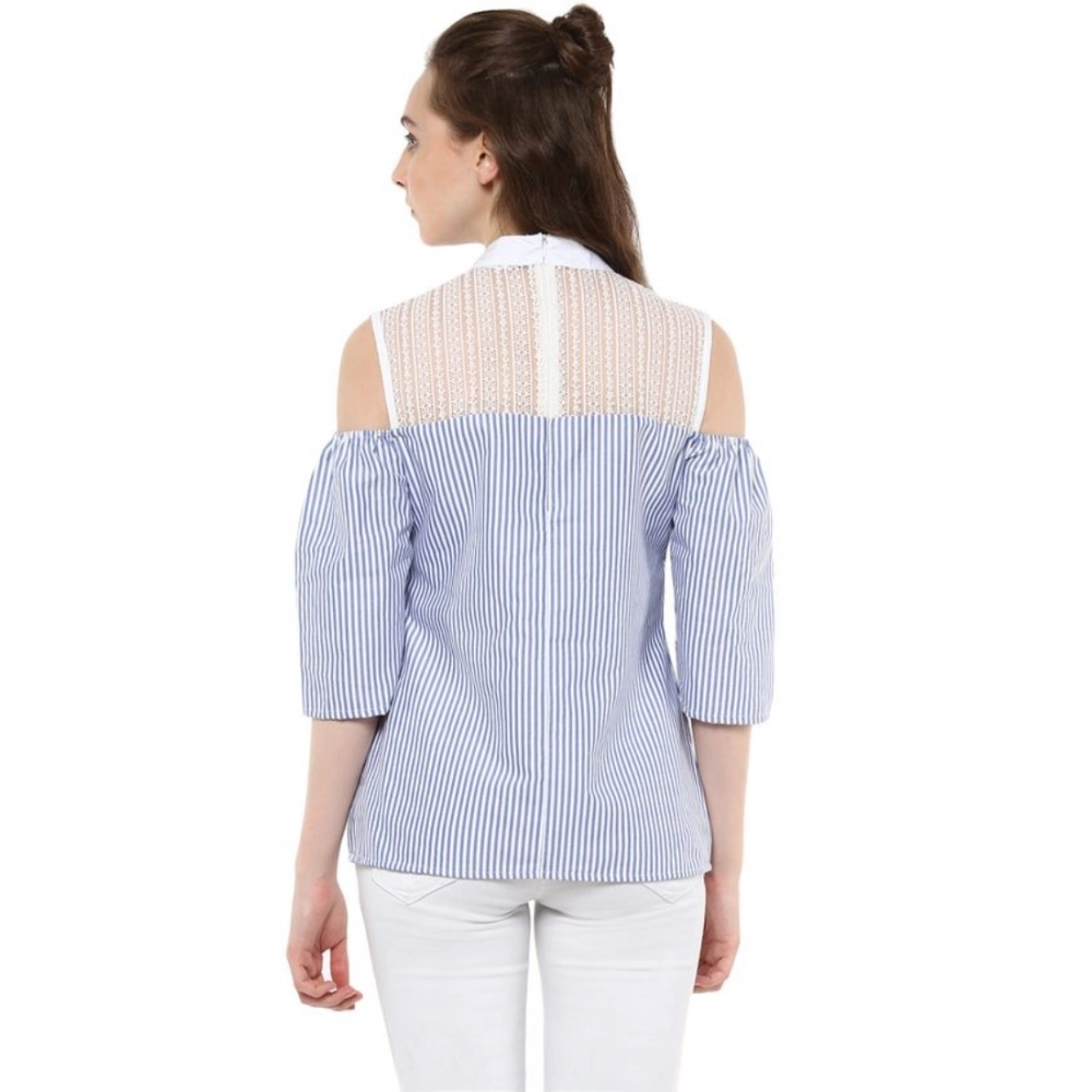 Women's Cotton Striped Cold Shoulder Top (Blue) - Image 2