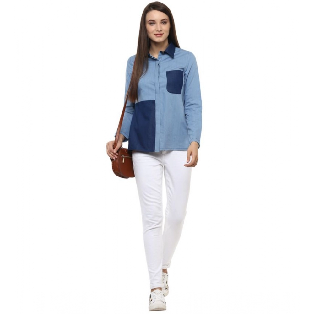 Women's Denim Patch Work Long Sleeves Regular Top (Blue) - Image 3