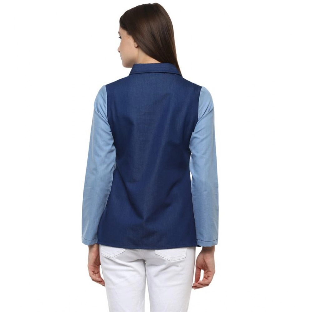 Women's Denim Patch Work Long Sleeves Regular Top (Blue) - Image 2