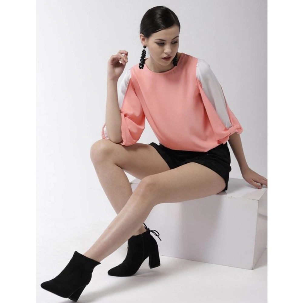 Women's Polyester Colour Block Slit Sleeve Top (Pink) - Image 3