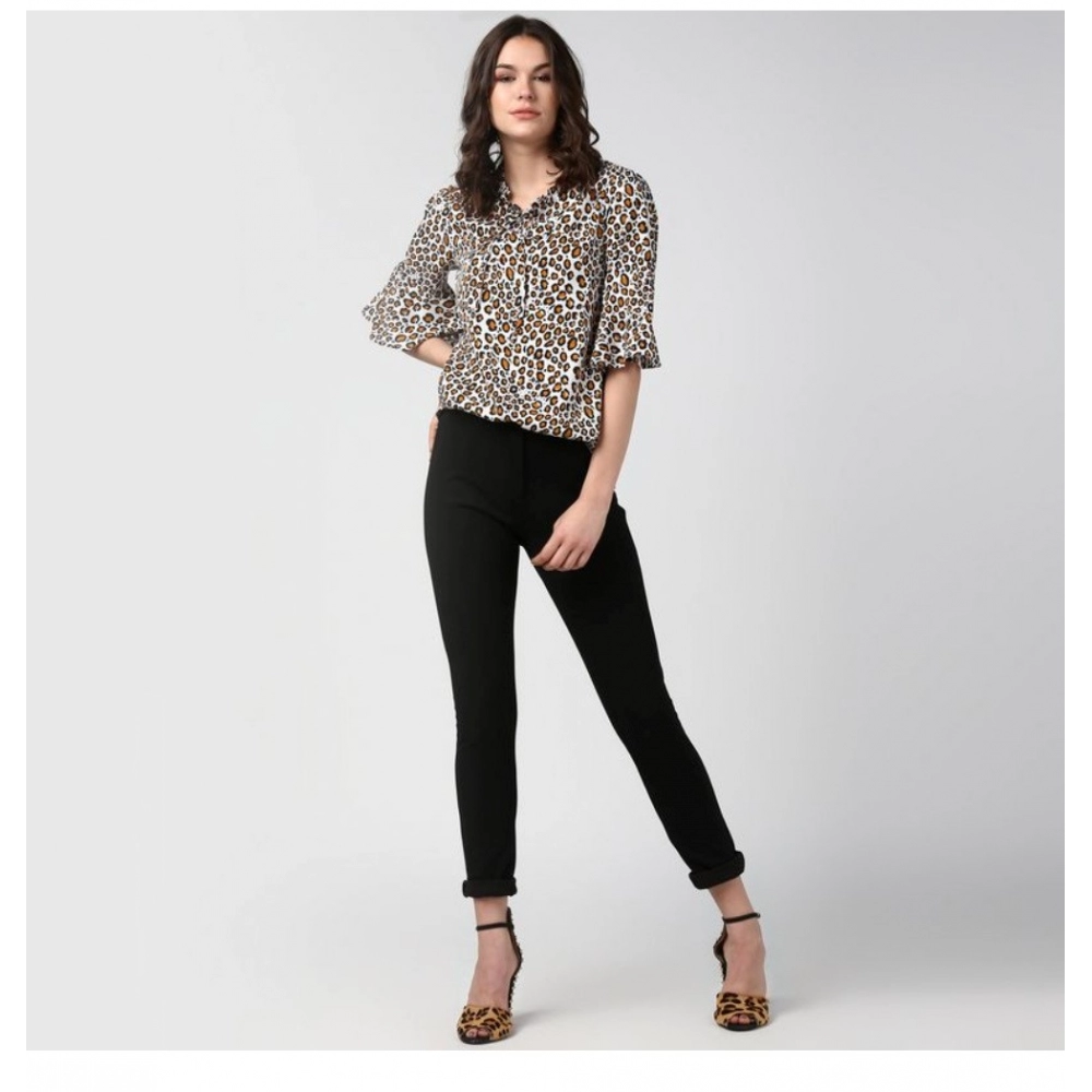 Women's Polyester Animal Print Bell Sleeve Top (Orange - Black) - Image 3